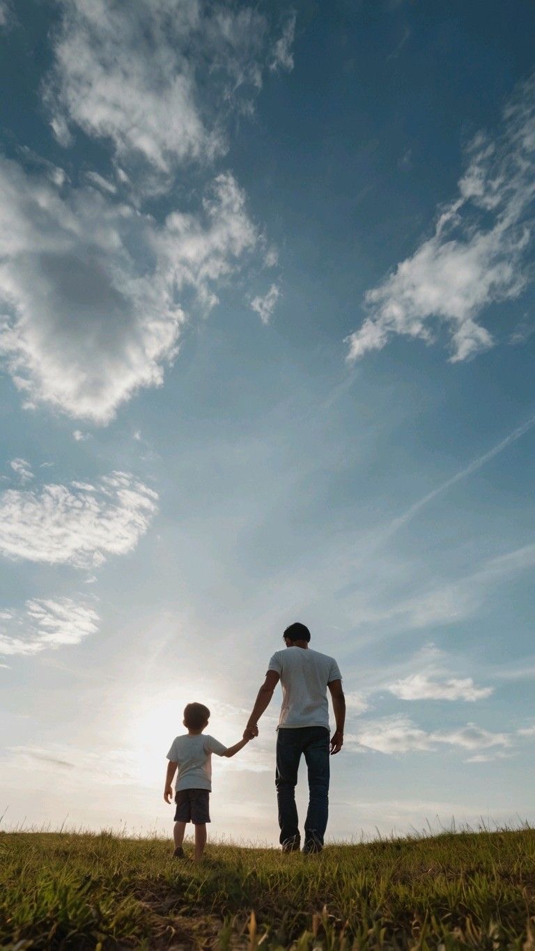 Pai e filho de mãos dadas em um campo aberto