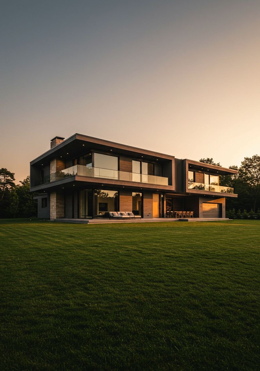 Residência contemporânea com jardim ao entardecer